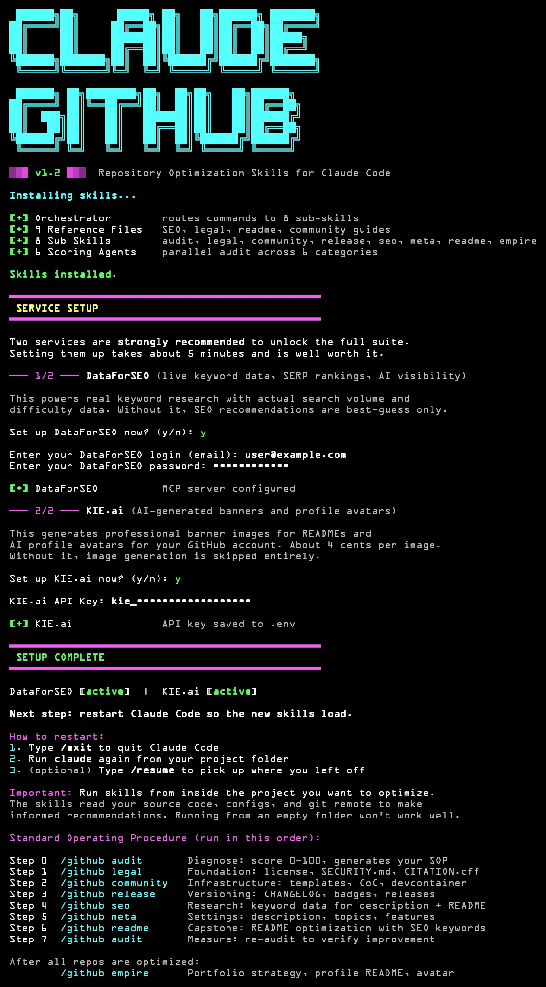 Claude GitHub installer showing splash screen, skill installation, DataForSEO and KIE.ai setup, and available commands